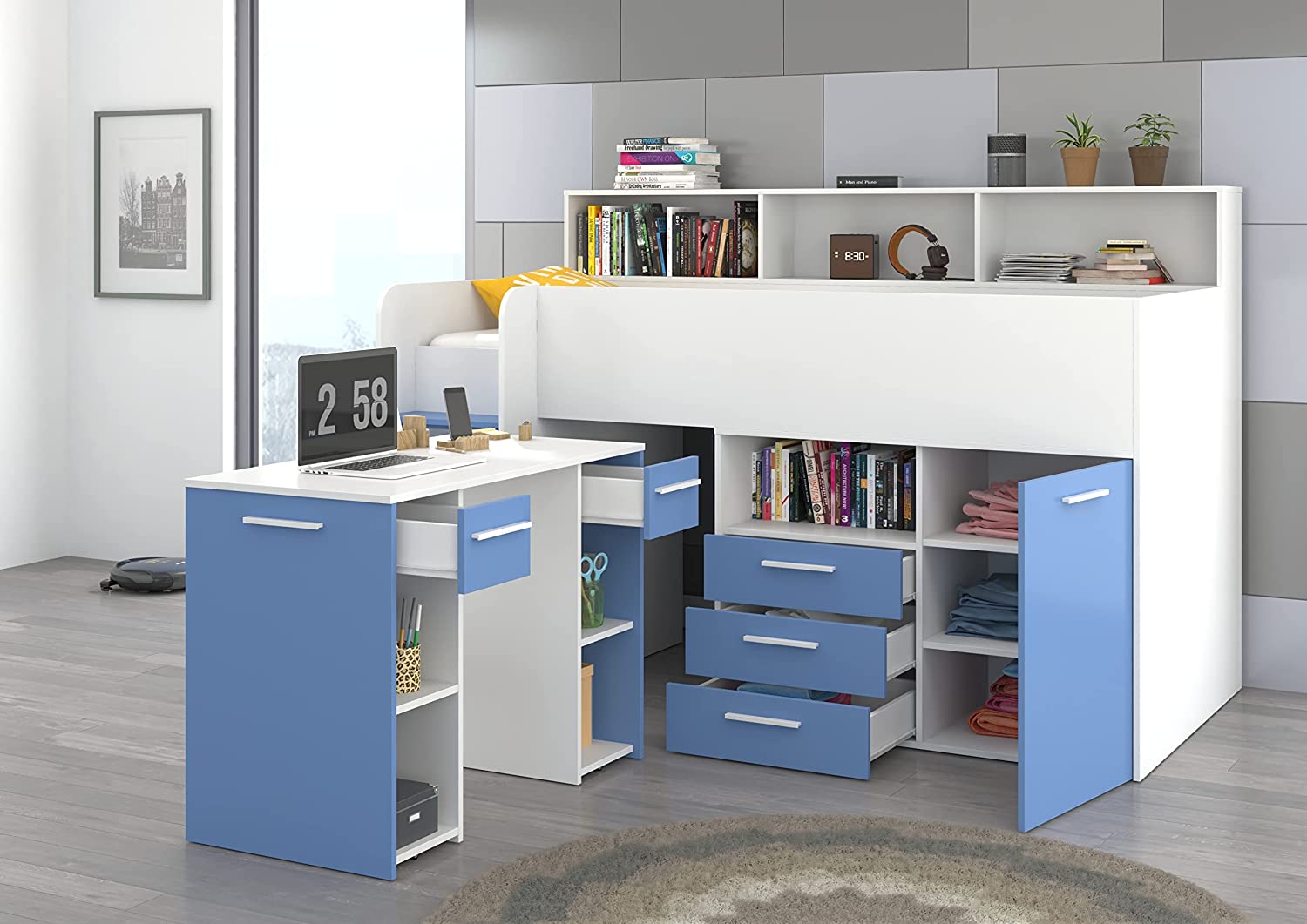 LETTO A CASTELLO SCRIVANIA LIBRERIA BAMBINI NEO L cm206x120x138h BIANCO CELESTE