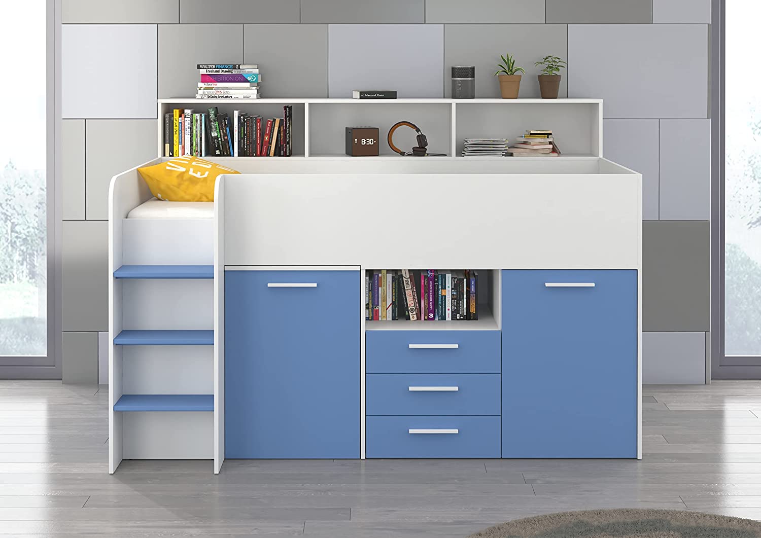 LETTO A CASTELLO SCRIVANIA LIBRERIA BAMBINI NEO L cm206x120x138h BIANCO CELESTE
