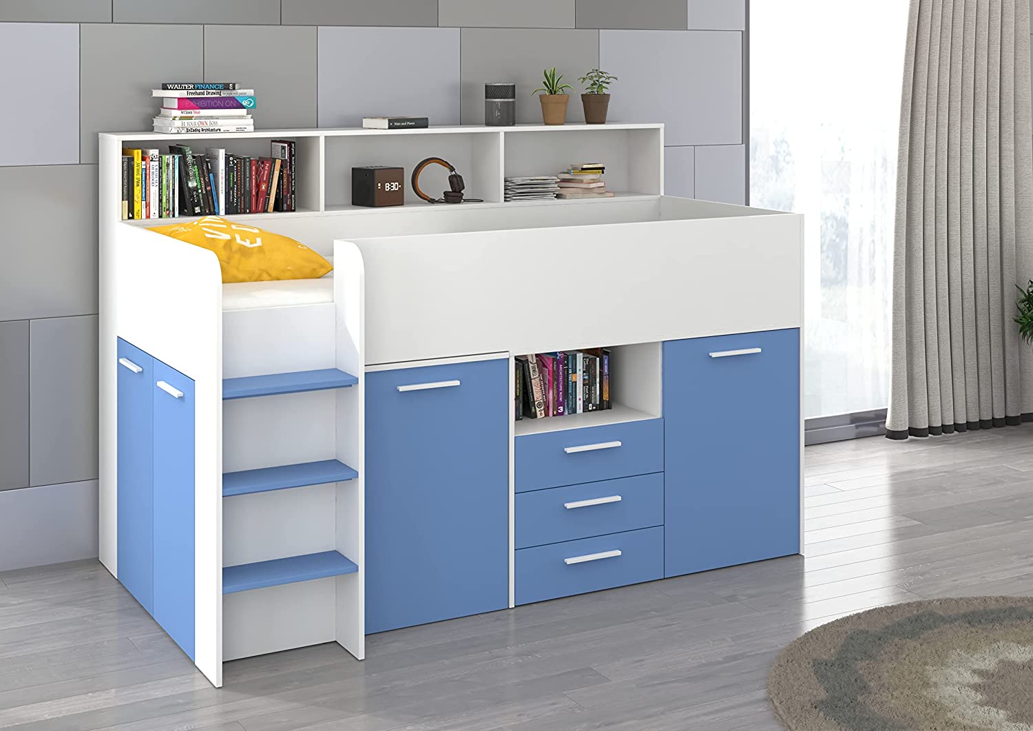 LETTO A CASTELLO SCRIVANIA LIBRERIA BAMBINI NEO L cm206x120x138h BIANCO CELESTE