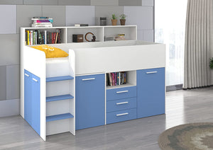LETTO A CASTELLO SCRIVANIA LIBRERIA BAMBINI NEO L cm206x120x138h BIANCO CELESTE