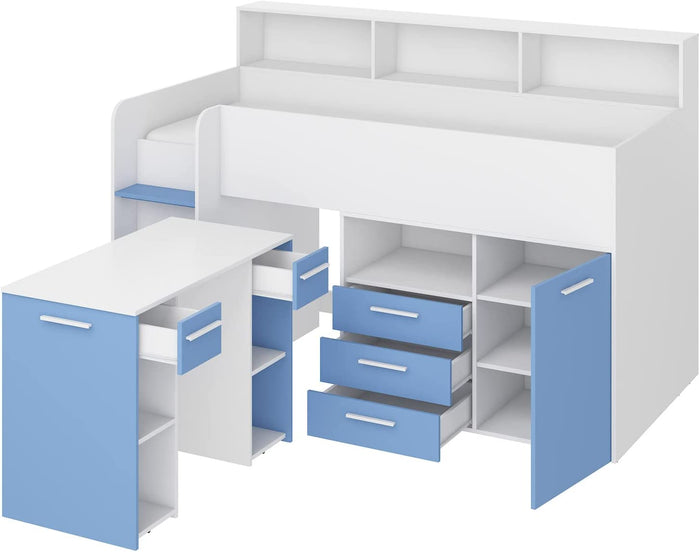 LETTO A CASTELLO SCRIVANIA LIBRERIA BAMBINI NEO L cm206x120x138h BIANCO CELESTE