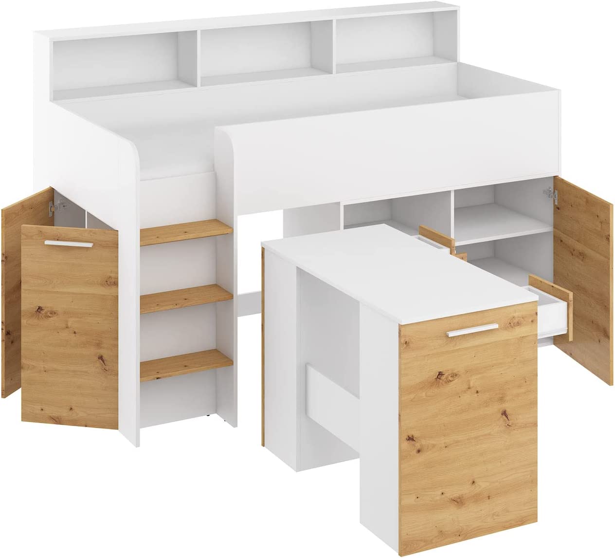 LETTO A CASTELLO SCRIVANIA LIBRERIA BAMBINI NEO L cm206x120x138h BIANCO ROVERE