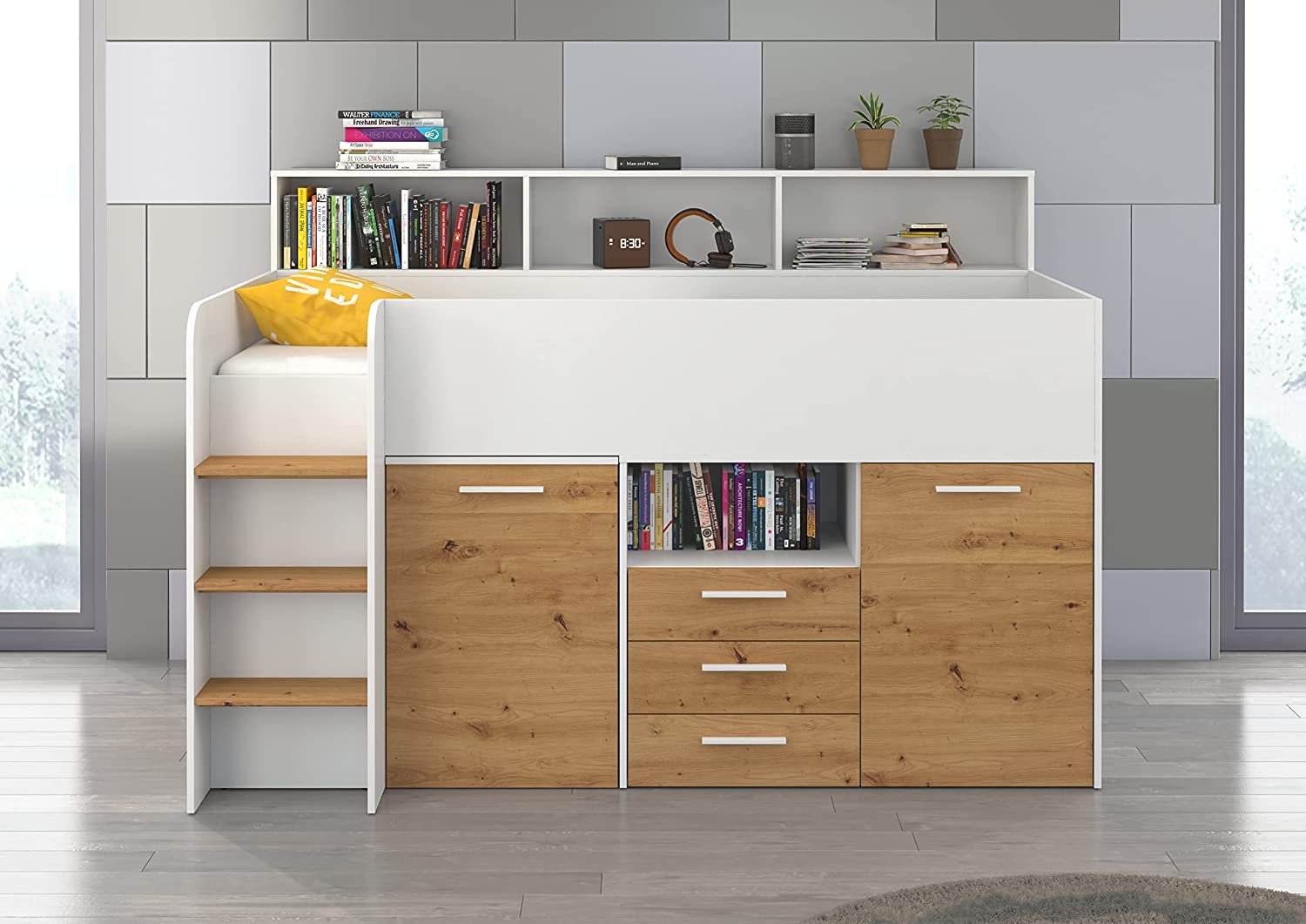 LETTO A CASTELLO SCRIVANIA LIBRERIA BAMBINI NEO L cm206x120x138h BIANCO ROVERE