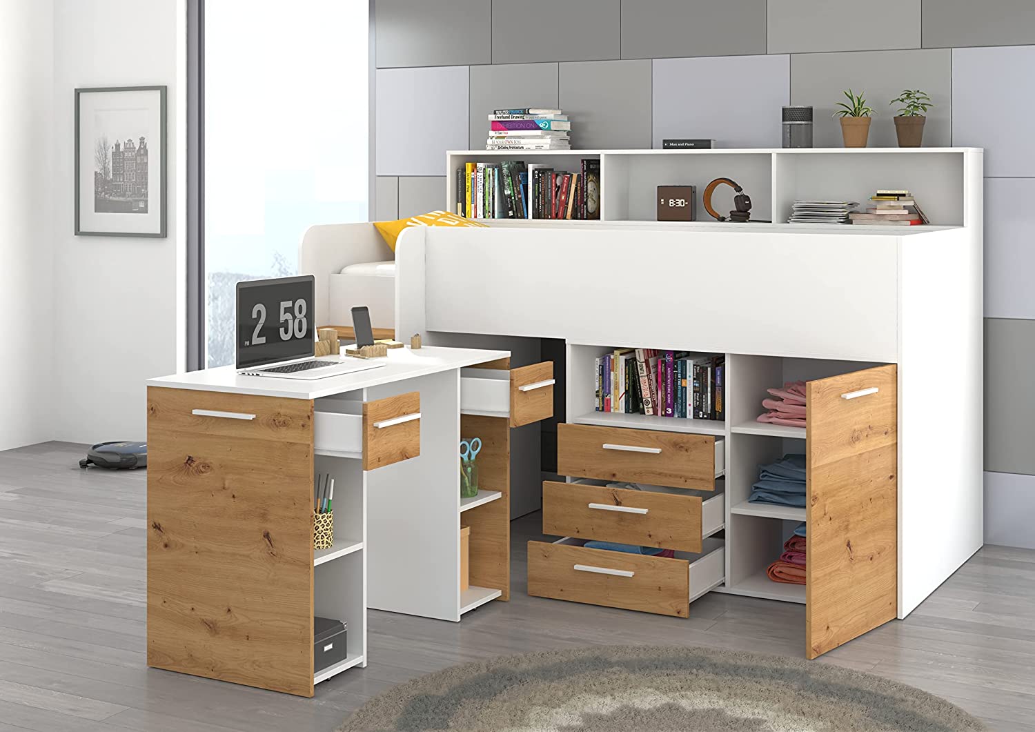 LETTO A CASTELLO SCRIVANIA LIBRERIA BAMBINI NEO L cm206x120x138h BIANCO ROVERE