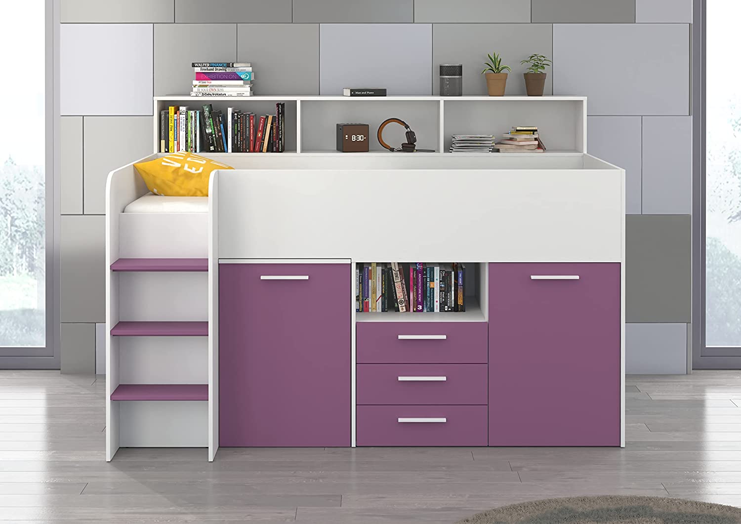 LETTO A CASTELLO SCRIVANIA LIBRERIA BAMBINI NEO L cm206x120x138h BIANCO LAVANDA