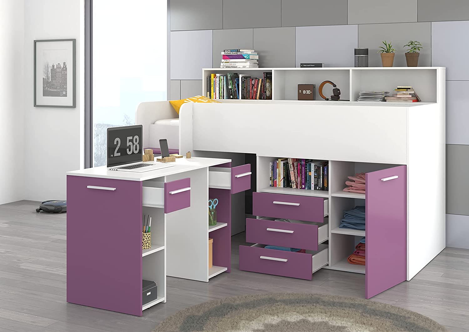 LETTO A CASTELLO SCRIVANIA LIBRERIA BAMBINI NEO L cm206x120x138h BIANCO LAVANDA