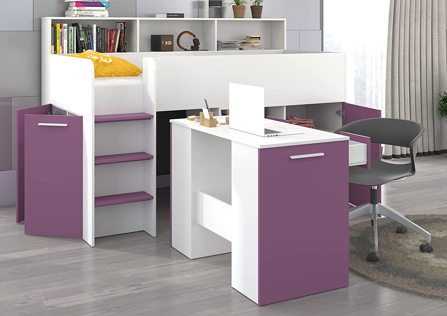LETTO A CASTELLO SCRIVANIA LIBRERIA BAMBINI NEO L cm206x120x138h BIANCO LAVANDA