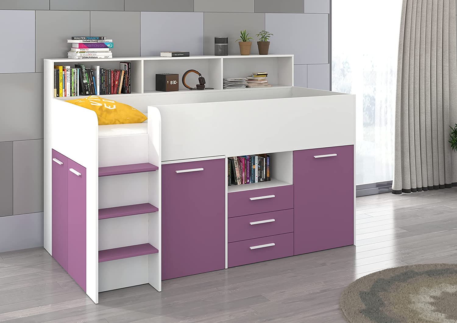 LETTO A CASTELLO SCRIVANIA LIBRERIA BAMBINI NEO L cm206x120x138h BIANCO LAVANDA