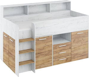 LETTO A CASTELLO SCRIVANIA LIBRERIA BAMBINI NEO L cm206x120x138h ROVERE BIANCO GREZZO