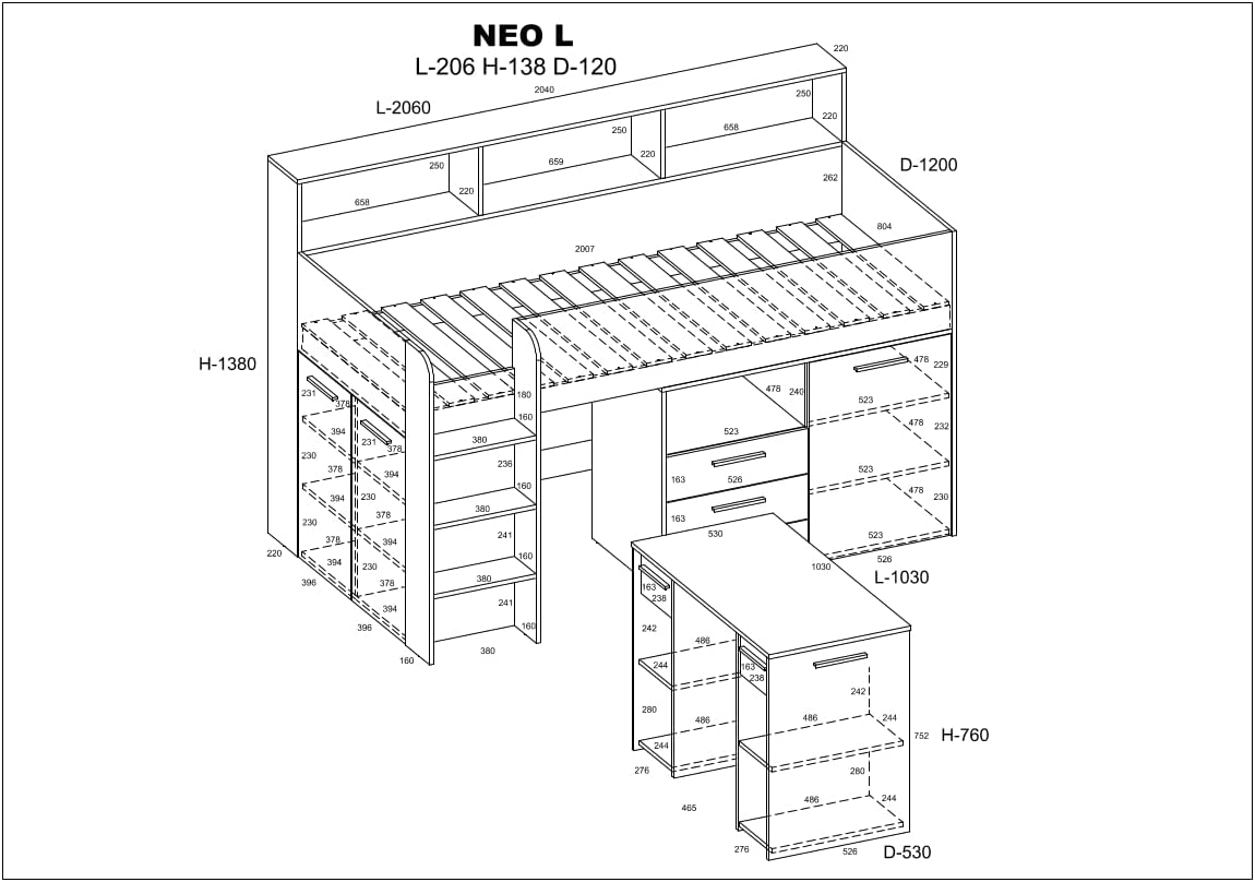 LETTO A CASTELLO SCRIVANIA LIBRERIA BAMBINI NEO L cm206x120x138h ROVERE BIANCO GREZZO