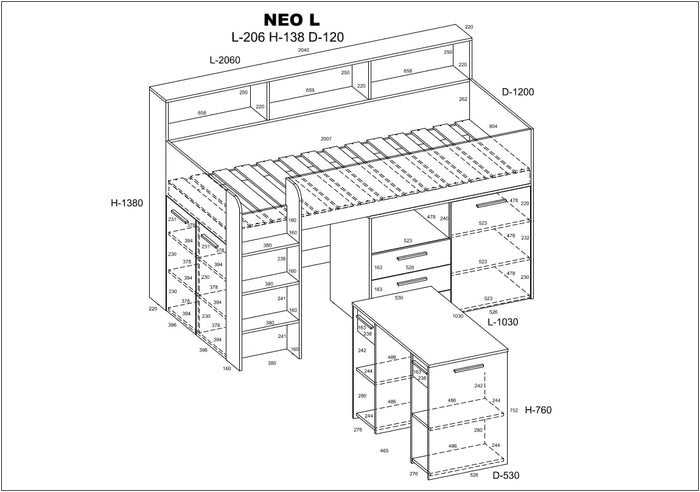 LETTO A CASTELLO SCRIVANIA LIBRERIA BAMBINI NEO L cm206x120x138h ROVERE BIANCO GREZZO