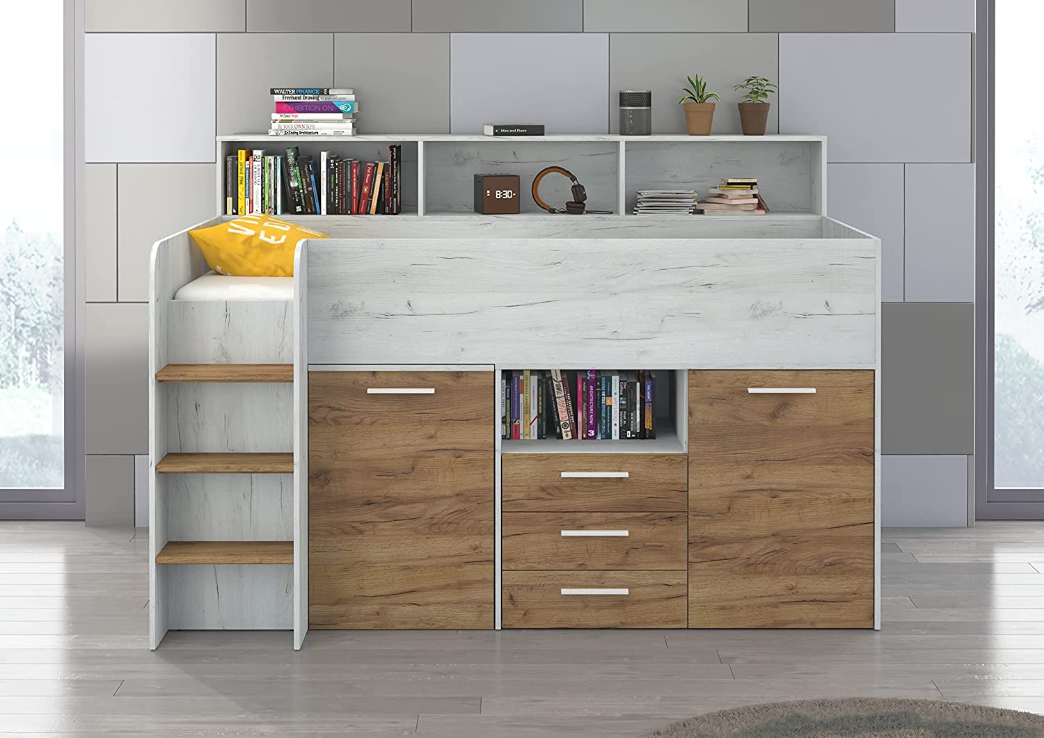 LETTO A CASTELLO SCRIVANIA LIBRERIA BAMBINI NEO L cm206x120x138h ROVERE BIANCO GREZZO
