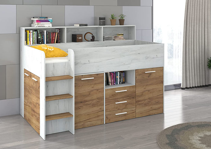LETTO A CASTELLO SCRIVANIA LIBRERIA BAMBINI NEO L cm206x120x138h ROVERE BIANCO GREZZO