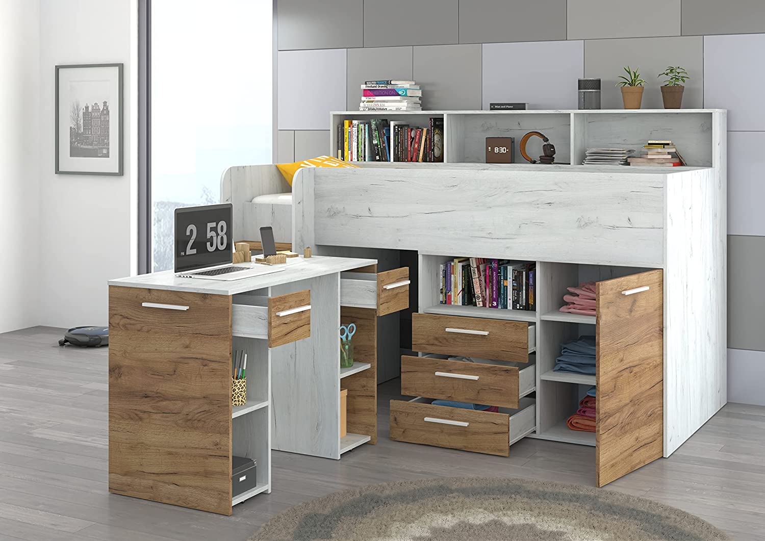 LETTO A CASTELLO SCRIVANIA LIBRERIA BAMBINI NEO L cm206x120x138h ROVERE BIANCO GREZZO