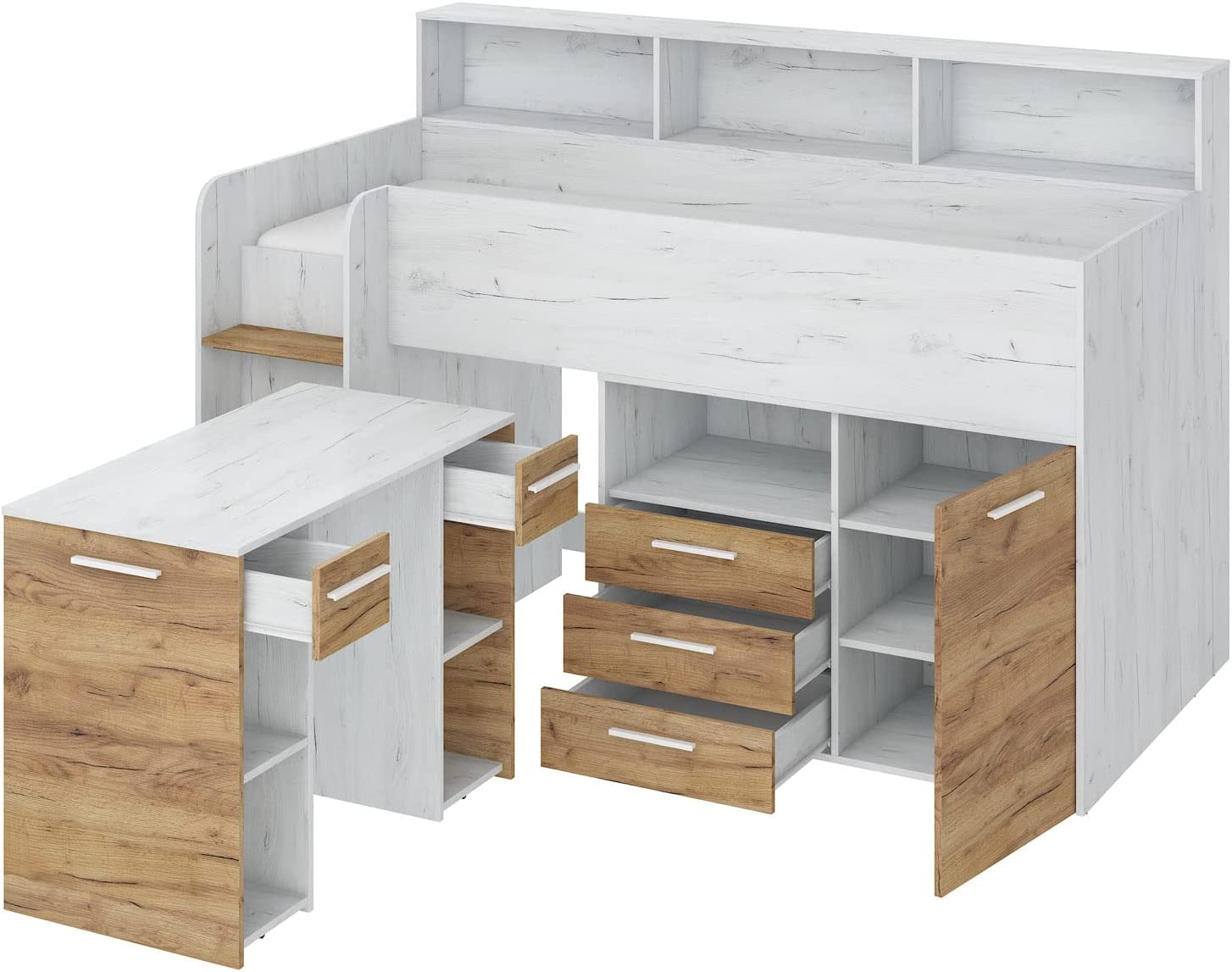 LETTO A CASTELLO SCRIVANIA LIBRERIA BAMBINI NEO L cm206x120x138h ROVERE BIANCO GREZZO