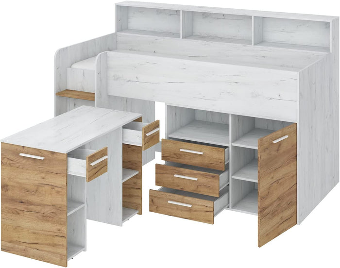 LETTO A CASTELLO SCRIVANIA LIBRERIA BAMBINI NEO L cm206x120x138h ROVERE BIANCO GREZZO
