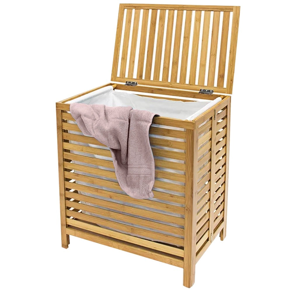 Cesto Biancheria Sporca in Bambu e Tessuto Cesta Portabiancheria 50x35x60cm