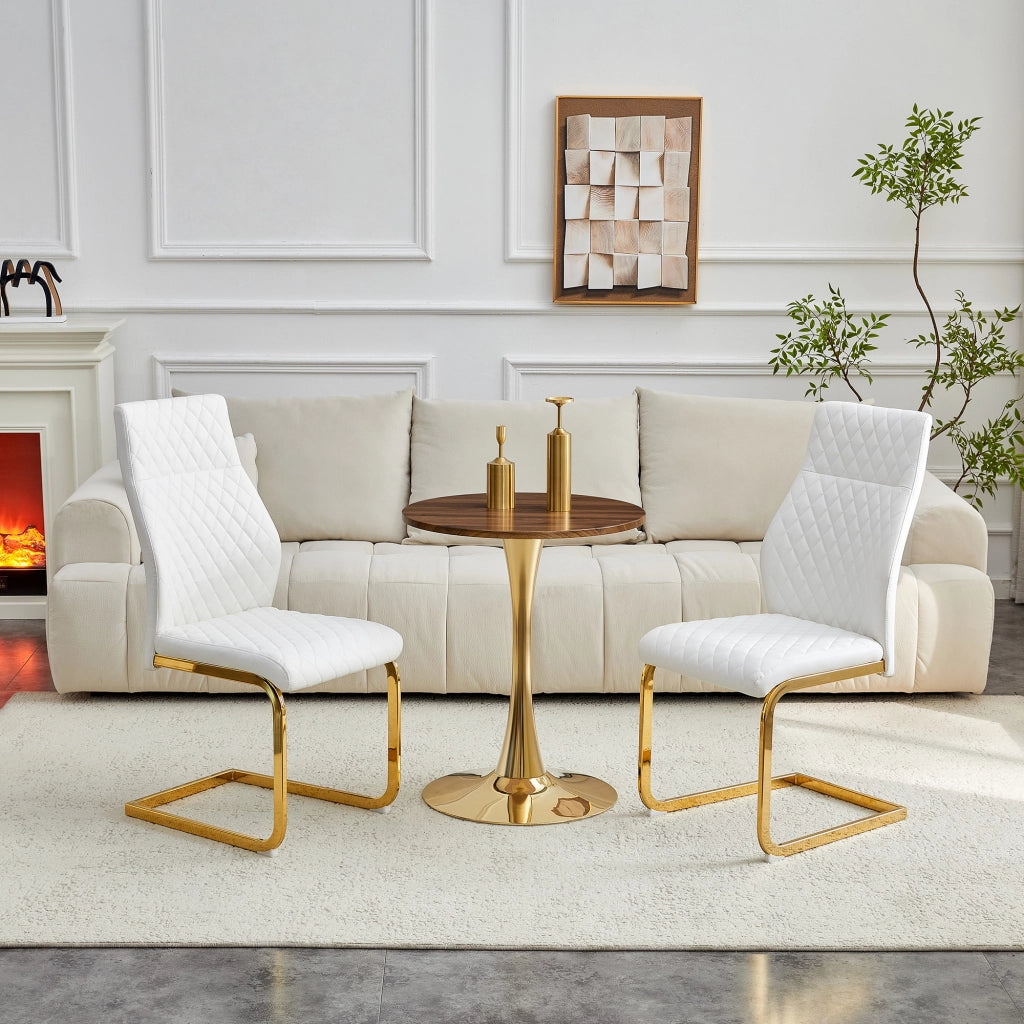 Tavolo da pranzo rotondo con 2 sedie, piano in MDF effetto noce, base in metallo dorato, per sala da pranzo 60 cm