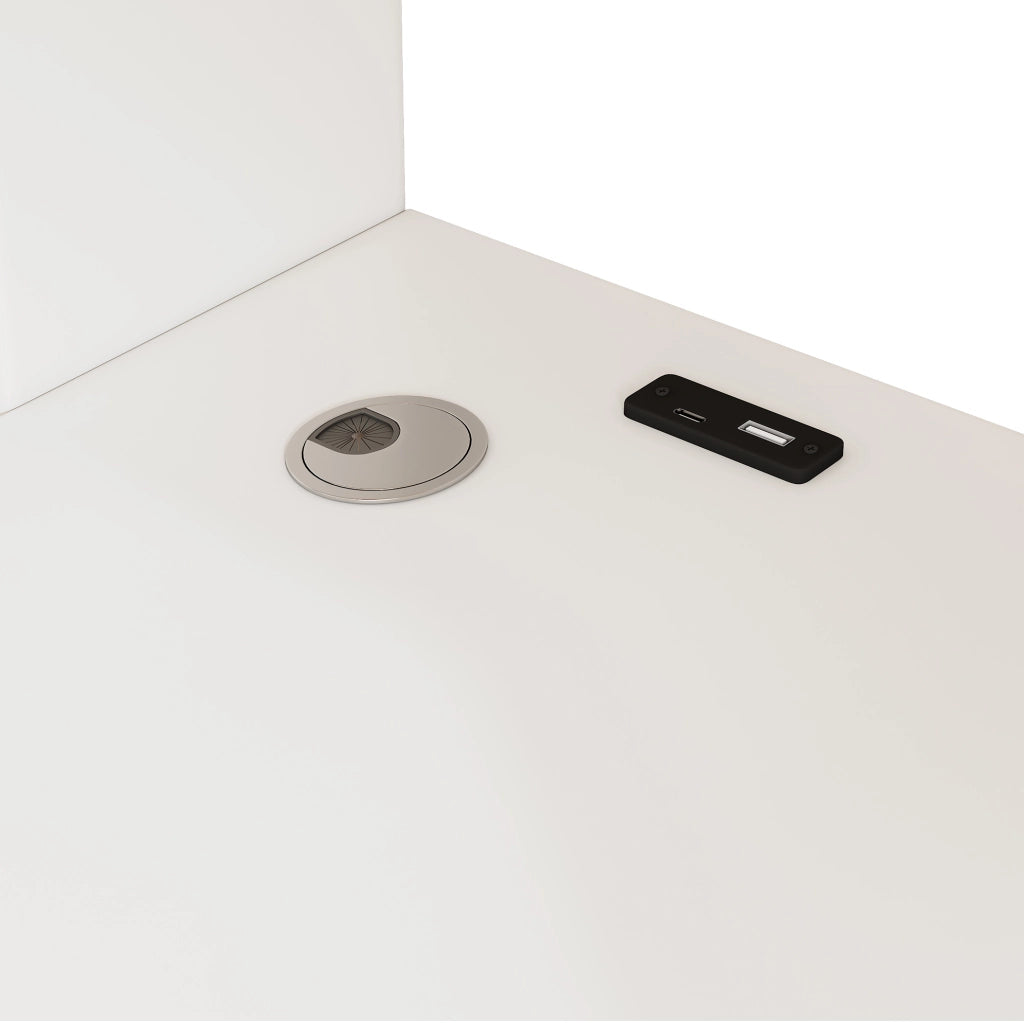 Letto a soppalco 90x200 cm con scrittoio a L; ripiani; cassetti e USB/Type-C; bianco