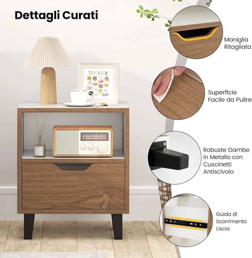 Comodino 37 x 33 x 44 cm, Tavolino da Letto con Cassetto, Scomparto Aperto e Gambe in Metallo, Mobile Laterale per Camera da Letto, Salotto e Soggiorno, Naturale e Bianco (1)