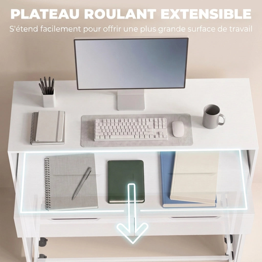 Scrivania computer estensibile con 2 cassetti, bianca, design moderno, salvaspazio, 100 cm, per casa e studio