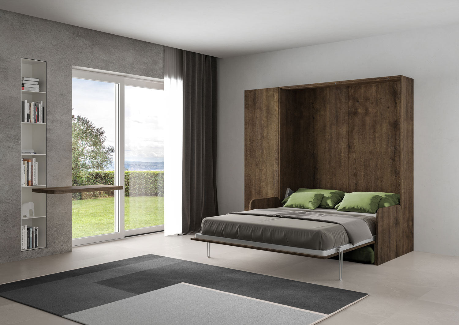 Letto Matrimoniale A Scomparsa 160 Kentaro Con Divano E Colonna Noce e Verde