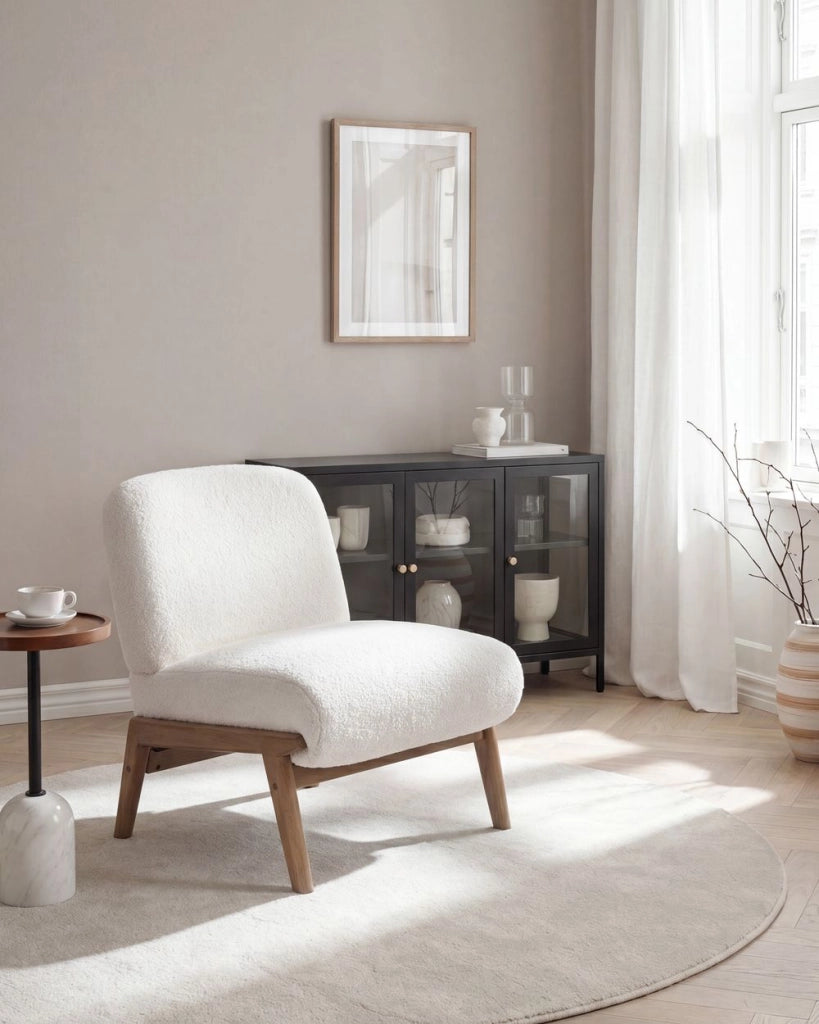 Poltrona Lounge Bassa in Bouclé Bianco Panna Senza Braccioli Stile Scandinavo