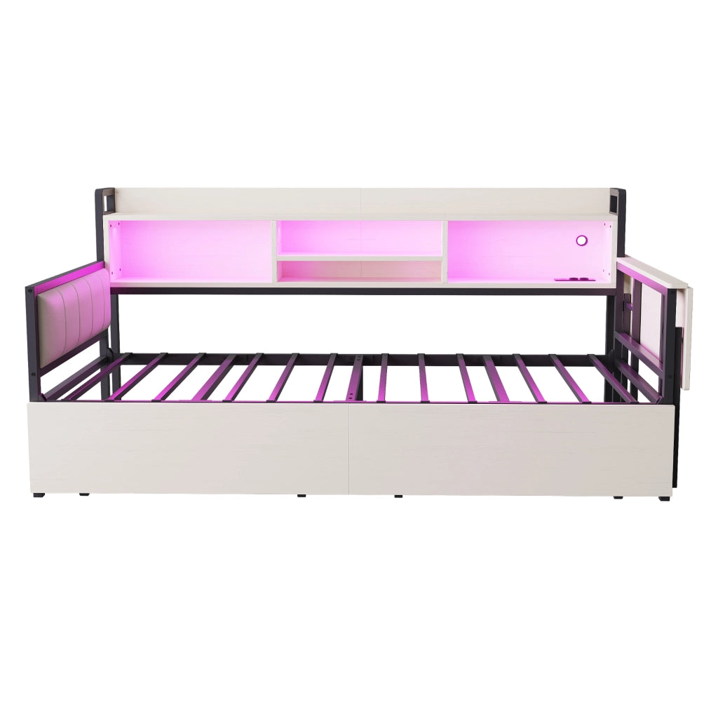 Letto Singolo con LED, Cassetti e Scrivania ¨C MINIMAL ¨C Metallo Bianco 90x200