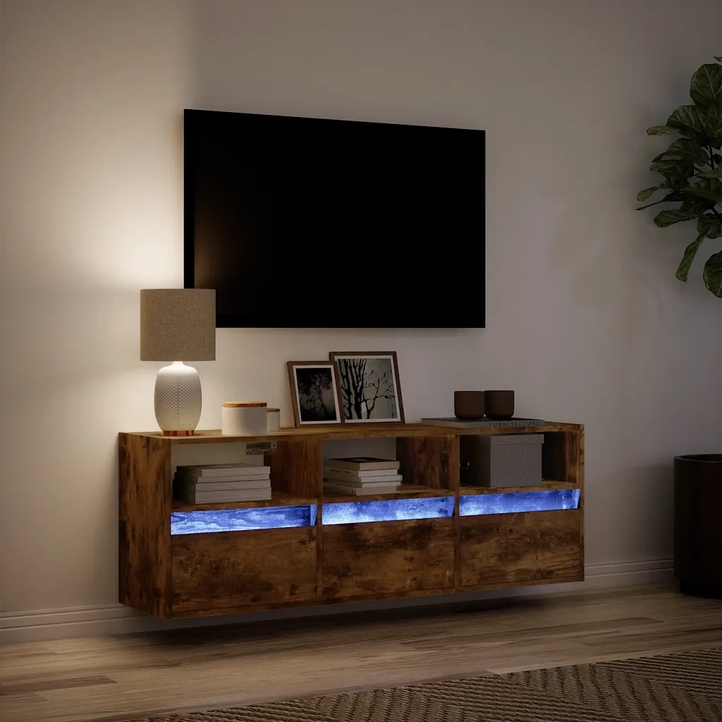 Mobile TV a Parete con Luci LED Rovere Fumo 130x31x45 cm