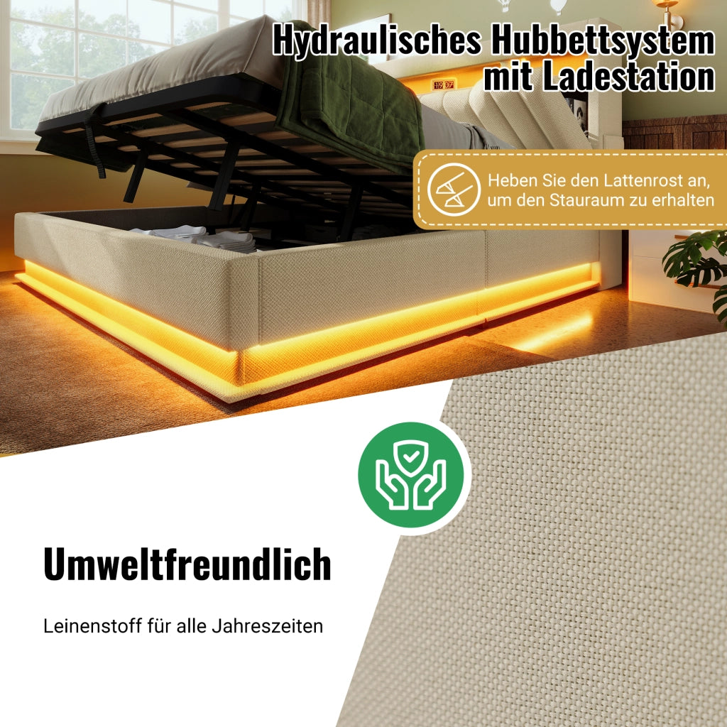 LETTO 90x200 cm Beige in Lino con LED e USB, con materasso incluso
