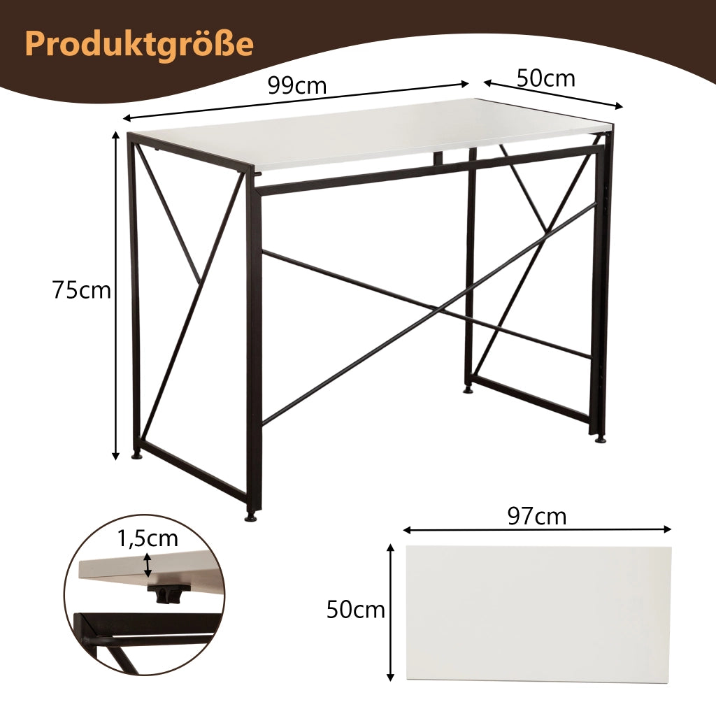 Scrivania pieghevole multifunzionale con struttura in MDF e metallo, per home office e piccoli spazi, bianco, 99 × 50 × 75 cm