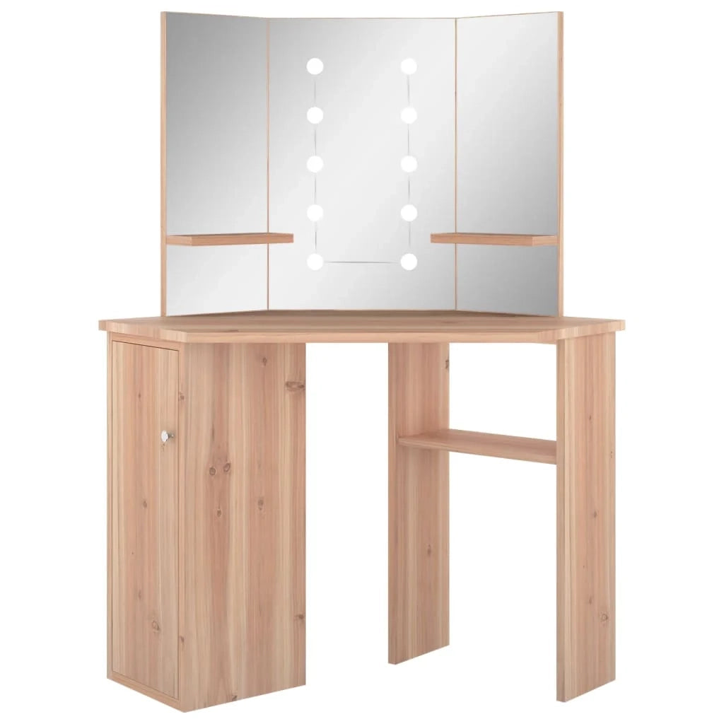 Toeletta tavolo da trucco di design mobile angolare per camera da letto con illuminazione a LED 111 x 54 x 141,5 cm rovere 02_0006356