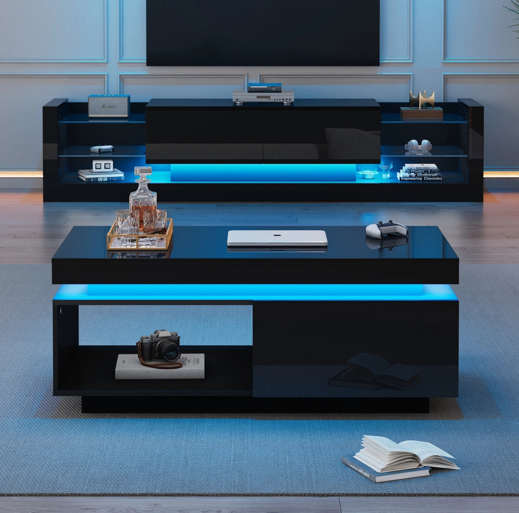 Tavolino da caffè moderno lucido con LED e cassetto; 100x50x40;3 cm; nero