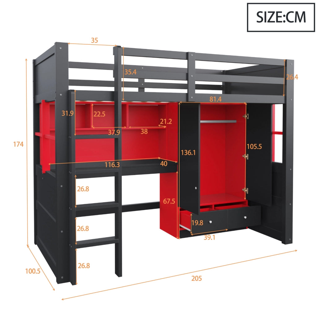 Letto a soppalco 90x200 cm stile gaming con scrivania e armadio nero e rosso HOMVRA