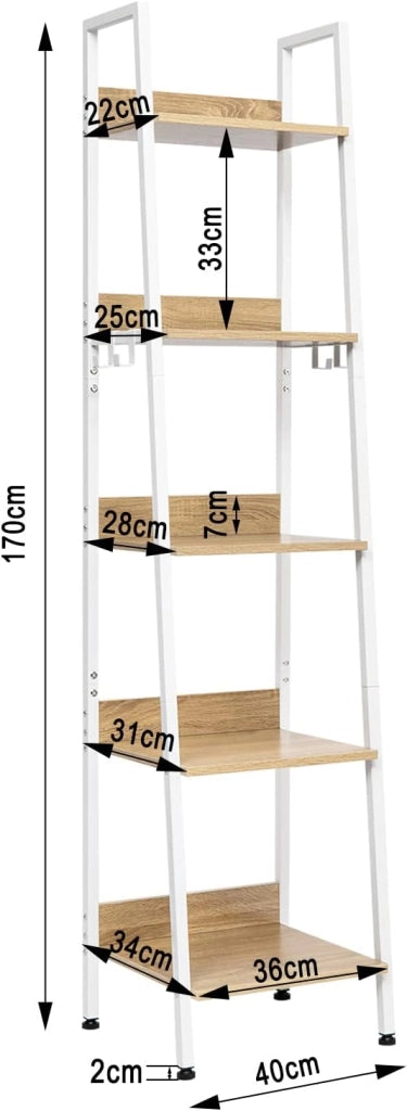 Libreria a 5 Ripiani, Scaffale con 4 Ganci Industriale, Scaffale a Scala in MDF e Metallo per Soggiorno, Cucina, Studio, Ufficio,Bianco, 40x36x170cm RGB9289whe