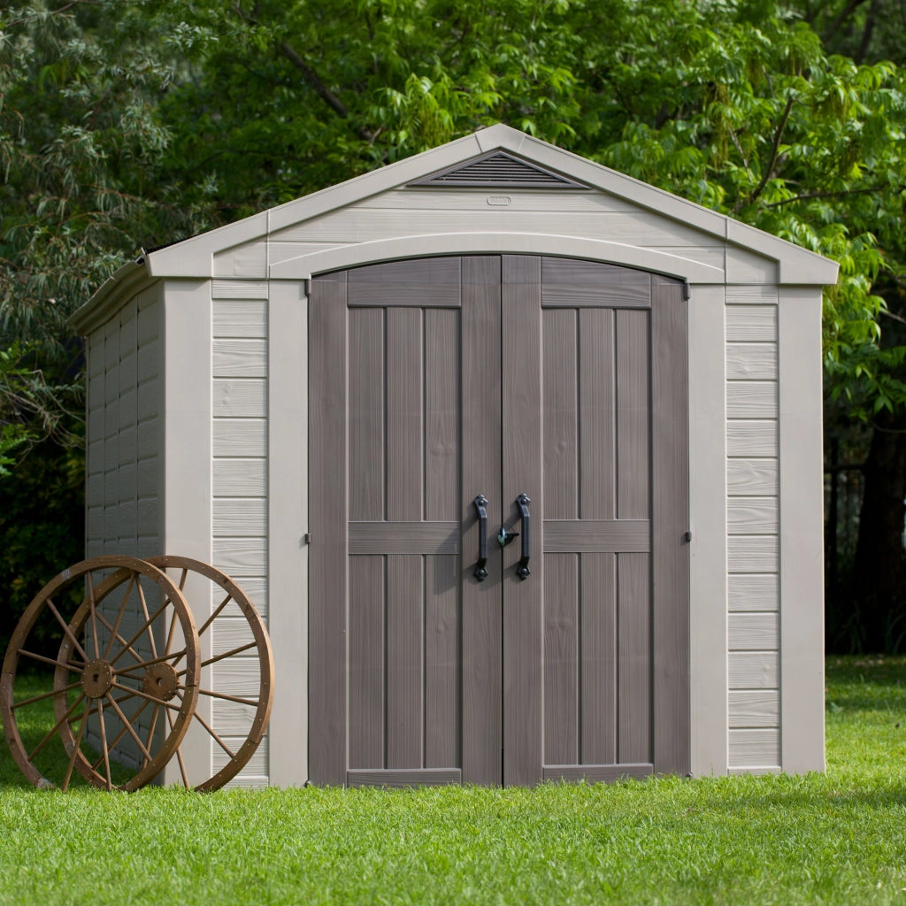Factor 8x11 - Casetta da Giardino 256,50x243x331,50 cm 2 Ante per deposito attrezzi finitura effetto legno  in Resina Beige