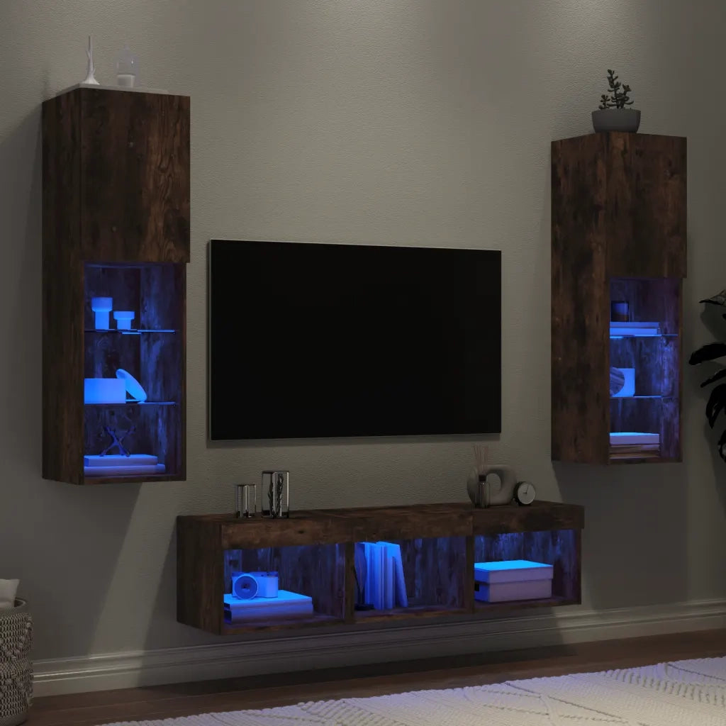 Mobili TV a Muro con LED 5 pz-Credenza per TV sospesa Rovere Fumo in Legno Multistrato 674711