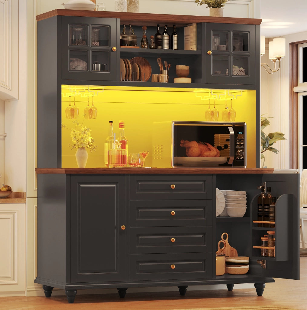 Credenza alta da cucina nera con LED RGB e 4 cassetti