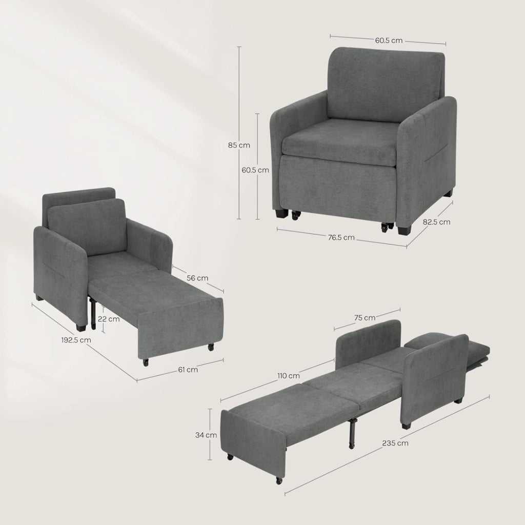 3-in-1 Divano Letto, Poltrona Letto Trasformabile con Reclinazione a 5 Posizioni, Divano Singolo Pieghevole per Piccoli Spazi, Chaise Lounge, Tessuto in Spugna Traspirante, Grigio Scuro