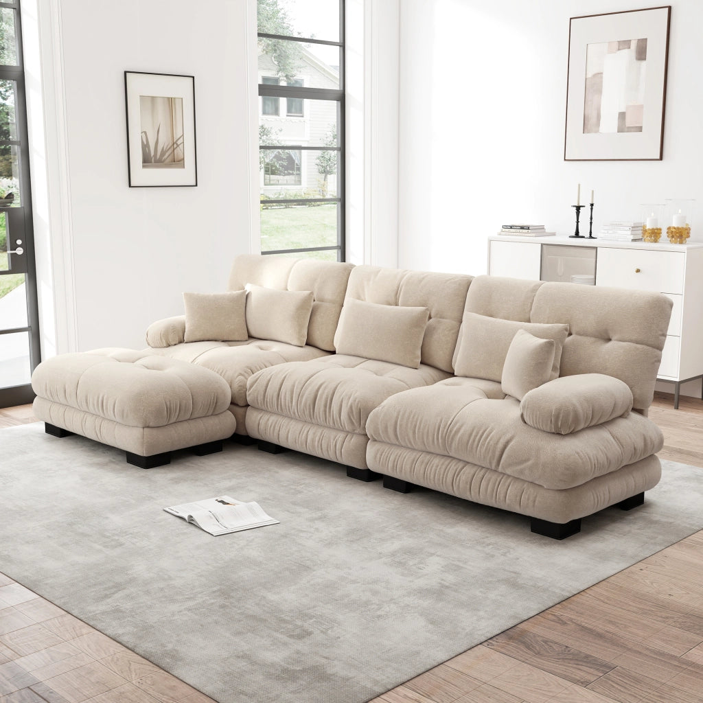 Divano angolare modulare in chenille con ottomane, seduta profonda e cuscini, per salotto, stile moderno, marrone chiaro