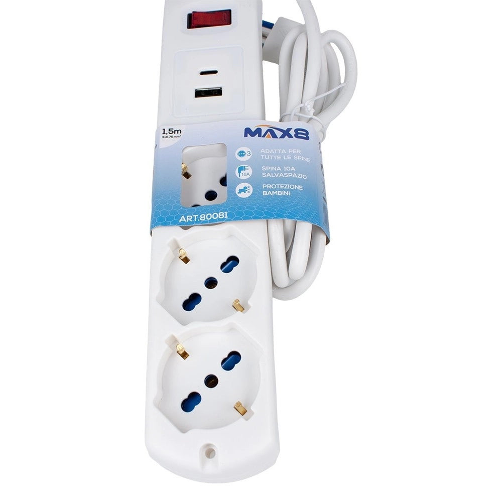 Trade Shop - Multipresa 5 In 1 Usb A + C + 3 Prese Per Schuko / Bipasso / Eu Cavo 1.5mt 80081 -