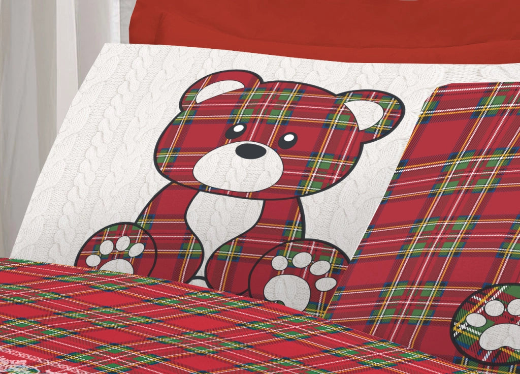 Completo Lenzuola Linea Pensieri Delicati 100% Cotone Disegno Orsetto Tartan - Piazza E Mezza - Rosso