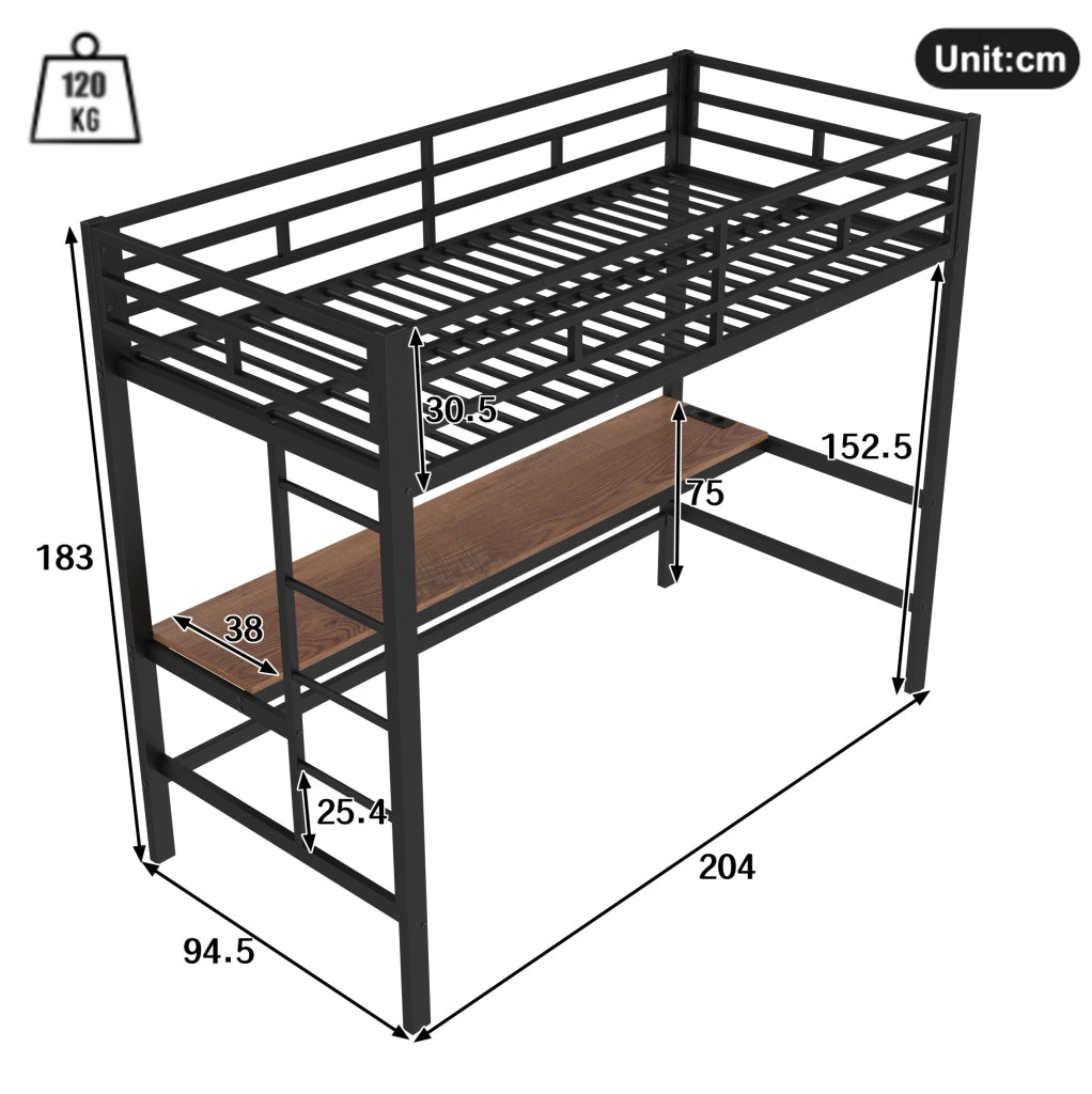 Letto a soppalco 90x200 cm con scrivania e luce LED; metallo; nero (Senza materasso)
