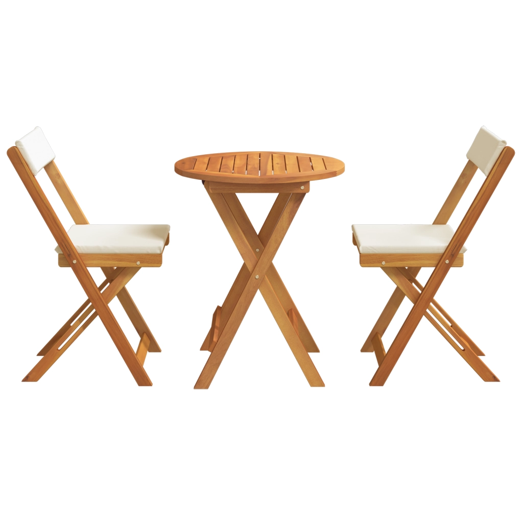 Set Bistro Pieghevole da 3 Pezzi con Cuscini in Legno Massello di Acacia