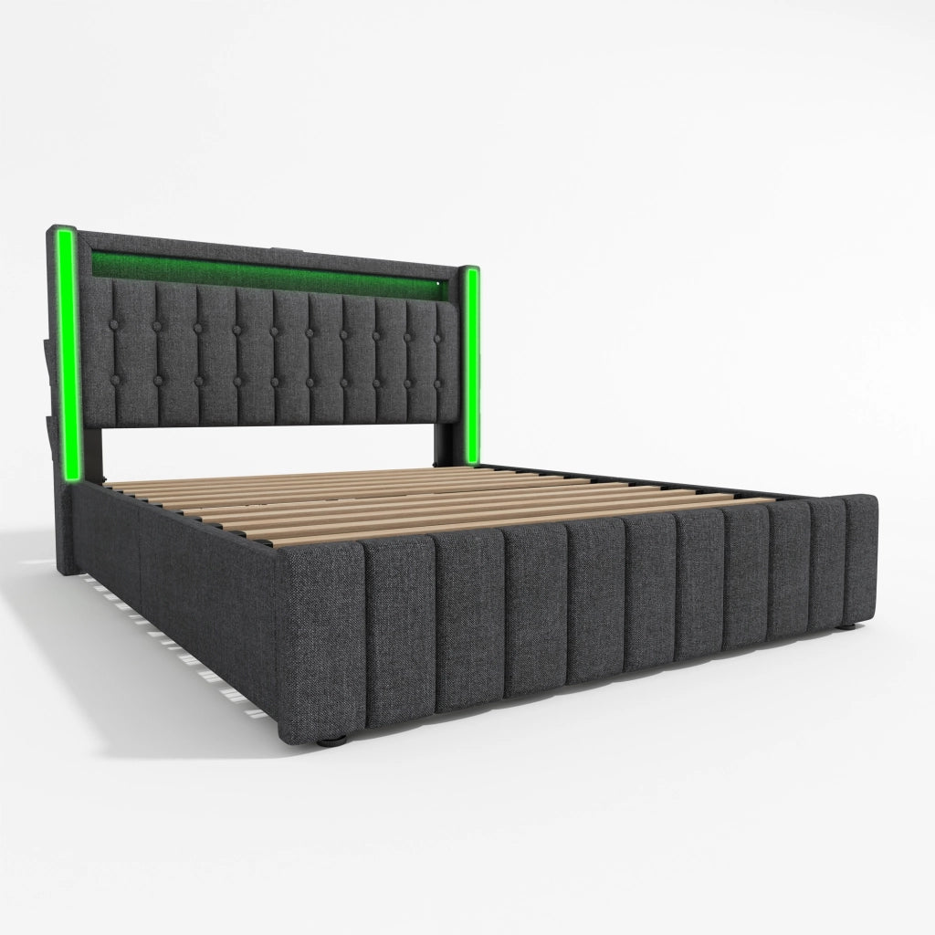 Letto imbottito matrimoniale 140x200 cm con LED, porte USB Type-C, 4 cassetti e materasso incluso