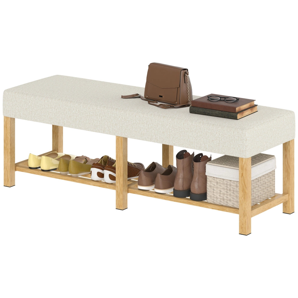 Panca portascarpe con seduta imbottita legno massello 2 posti ripiano salvaspazio ¨C Xylo ¨C Crema 140x44x48cm
