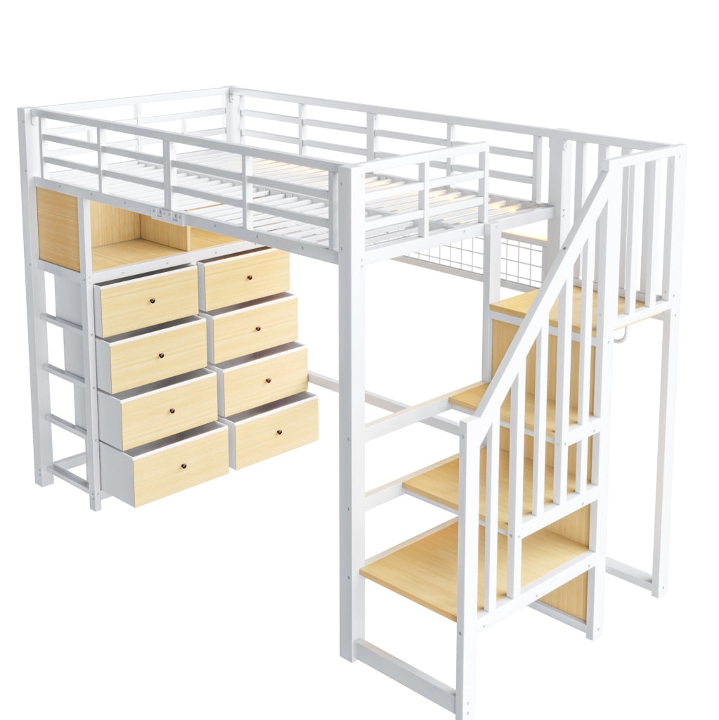 Letto a soppalco 90x200 cm con 8 cassetti, LED e scala in MDF e metallo bianco