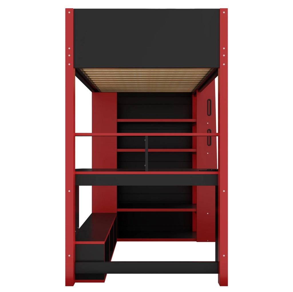 Letto a soppalco ULEVR 90x200 cm con scrivania, LED, 4 ripiani e vani contenitore, nero e rosso