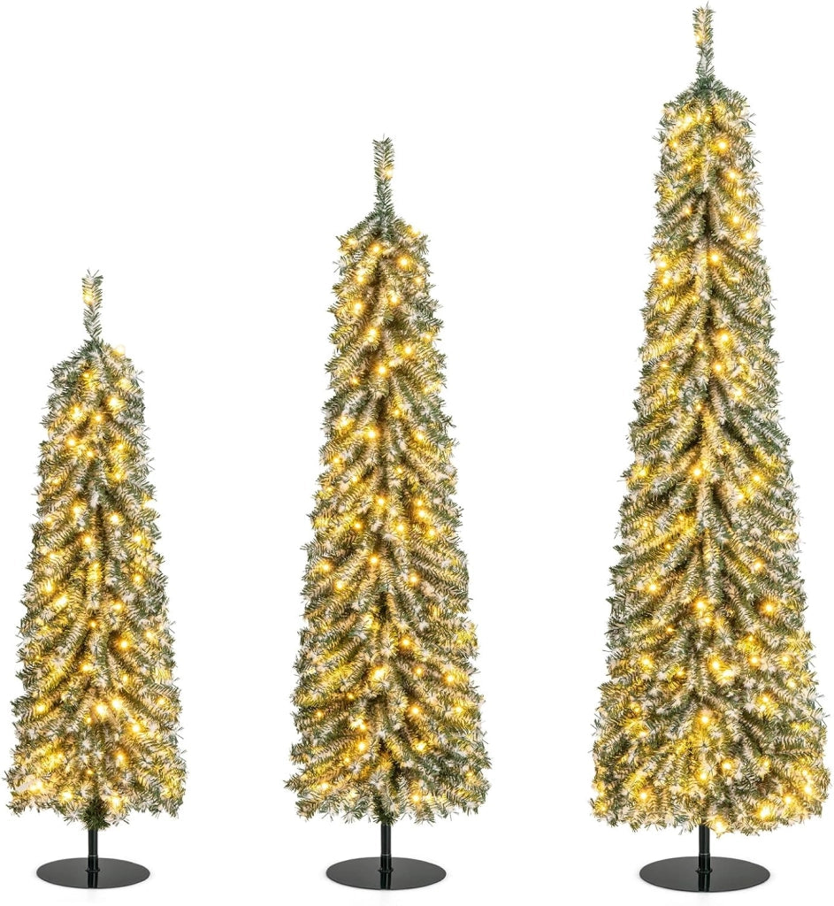 Set di 3 Alberi di Natale Artificiali, Alberi di Natale con Luci LED e Rami Densi e Realistici, Decorazione Natalizia per Casa, Ufficio e Negozio (Stile 3)
