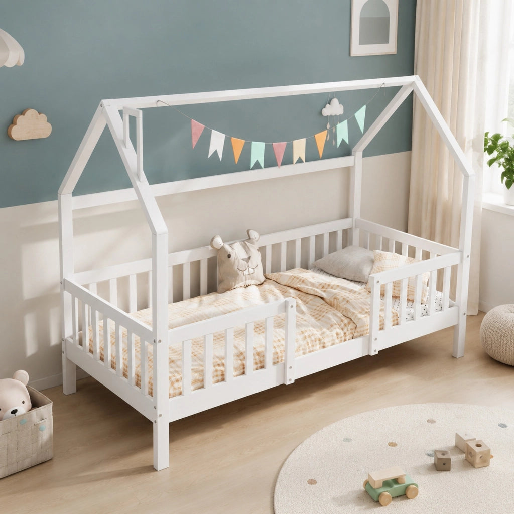 Letto a casetta per bambini 90x200 cm in legno di pino bianco con tetto e recinto, senza materasso